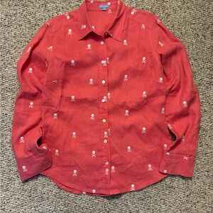 J. McLaughlin coral linen skull/crossbones button up shirt